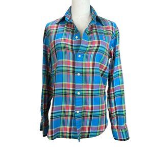 Ralph Lauren Women’s Blue Plaid Button-Down Shirt Size 10 Preppy Classic Cotton